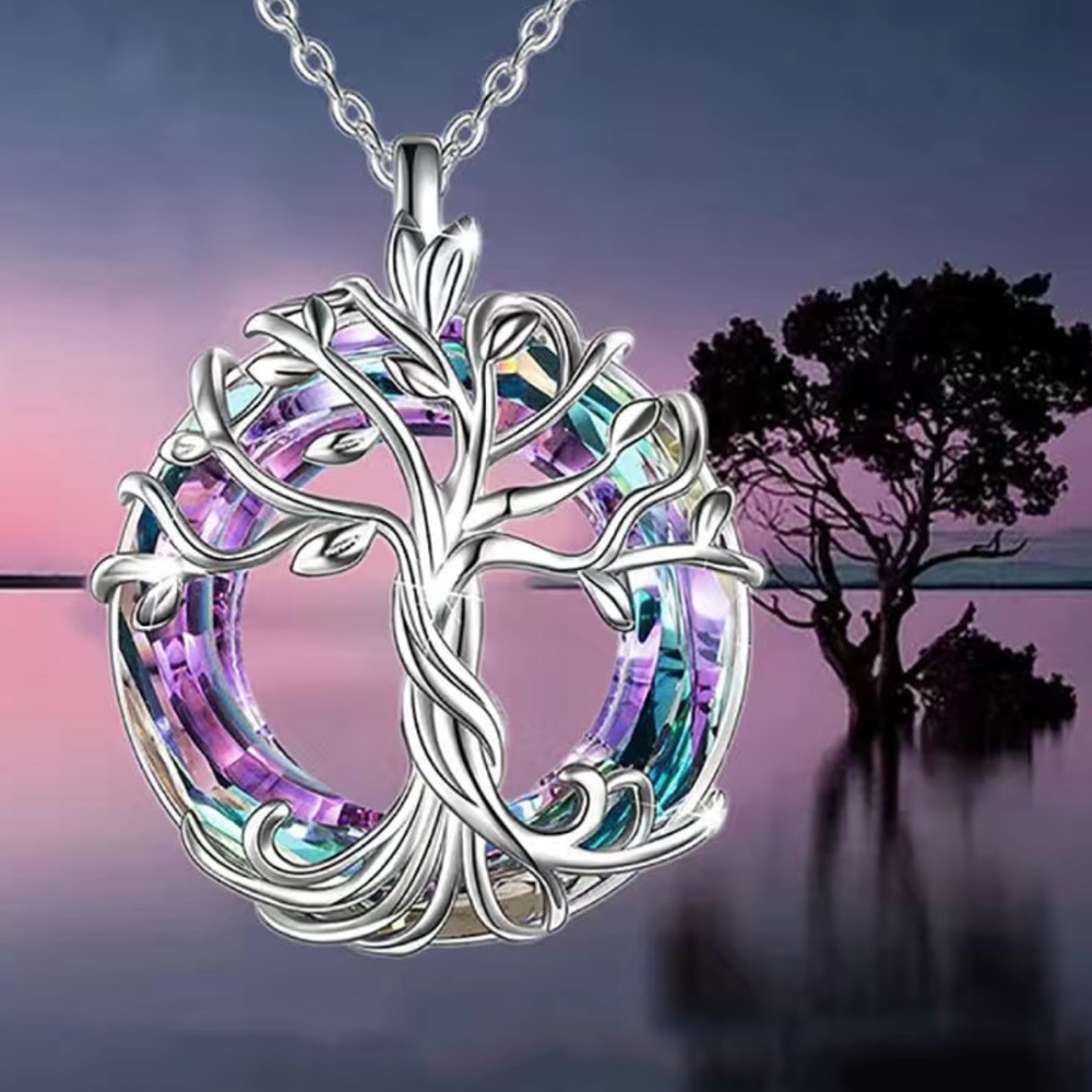 Elegant Rainbow Crystal Tree of Life Necklace